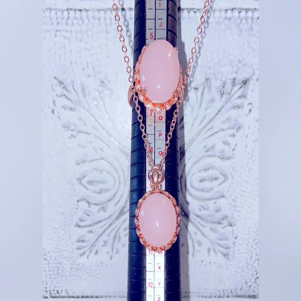 Unmarked Rose Gold Necklace/Ring Set in Glamour Pink Gold Fill-Artificial Quartz - Picture 12 of 16